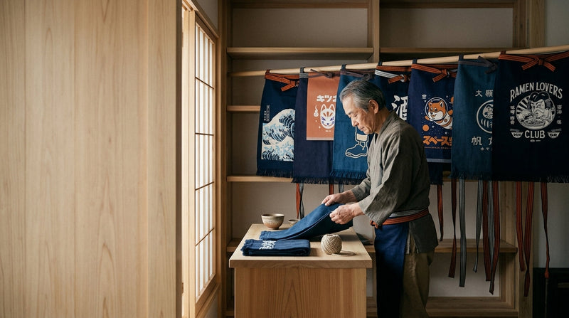 Illustration : un artisan plie un tablier maekake sur un comptoir en bois, devant des tabliers suspendus à un rail dans une boutique japonaise