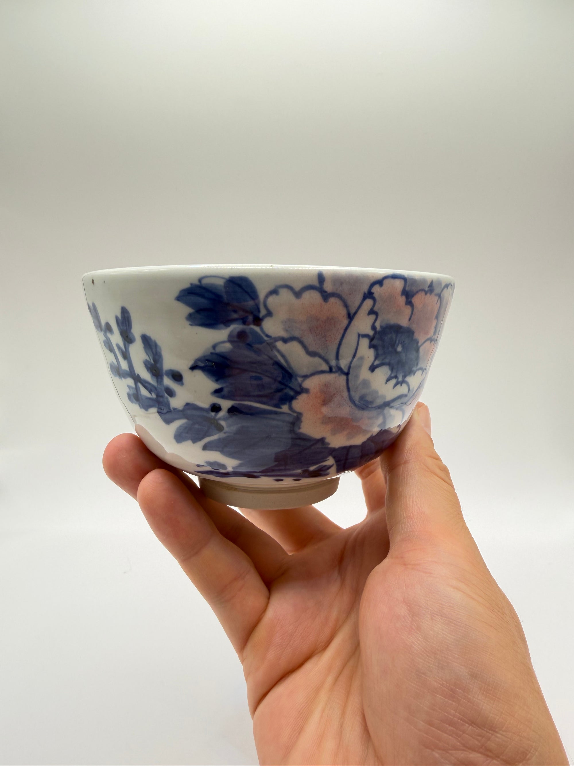 Bol japonais en porcelaine, décor sometsuke bleu et rose