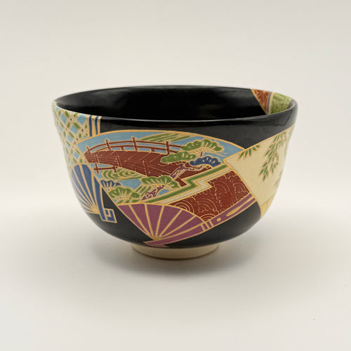 Bol à Matcha Décor d'Éventails et Paysages Dorés