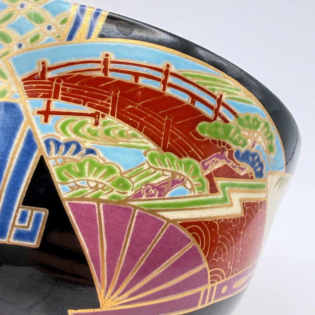 Bol à Matcha Décor d'Éventails et Paysages Dorés