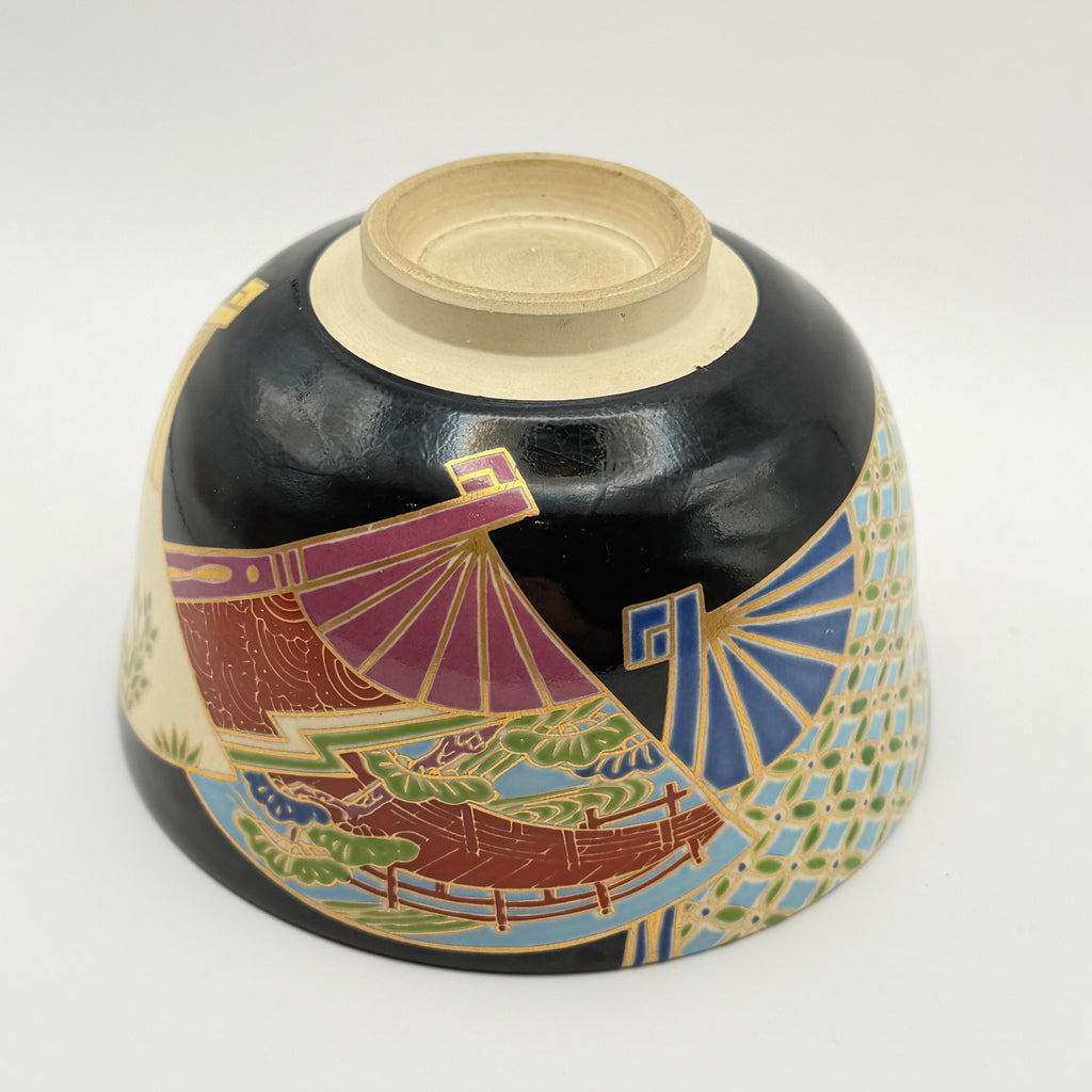 Bol à Matcha Décor d'Éventails et Paysages Dorés