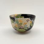 Bol à Matcha Décor Hortensias Dorés sur Fond Noir