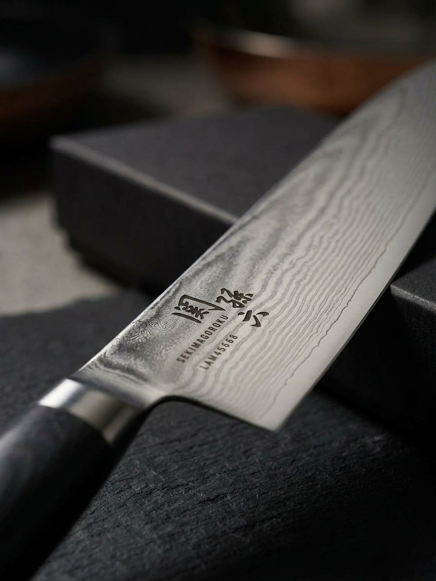 Détail de la lame et de la virole du couteau gyuto Damas 21 cm.