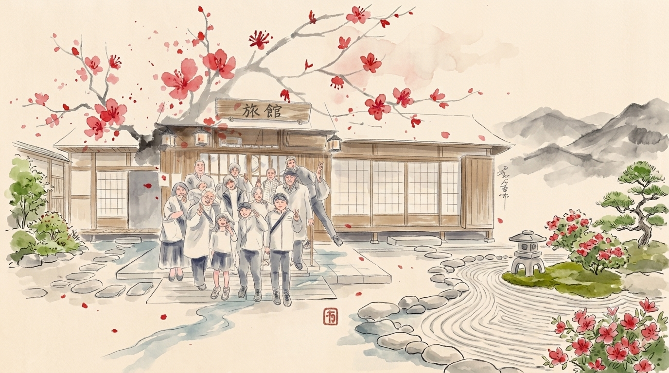 Illustration à l'encre de chine de la famille japonaise de Léonard, fondateur de Dogou